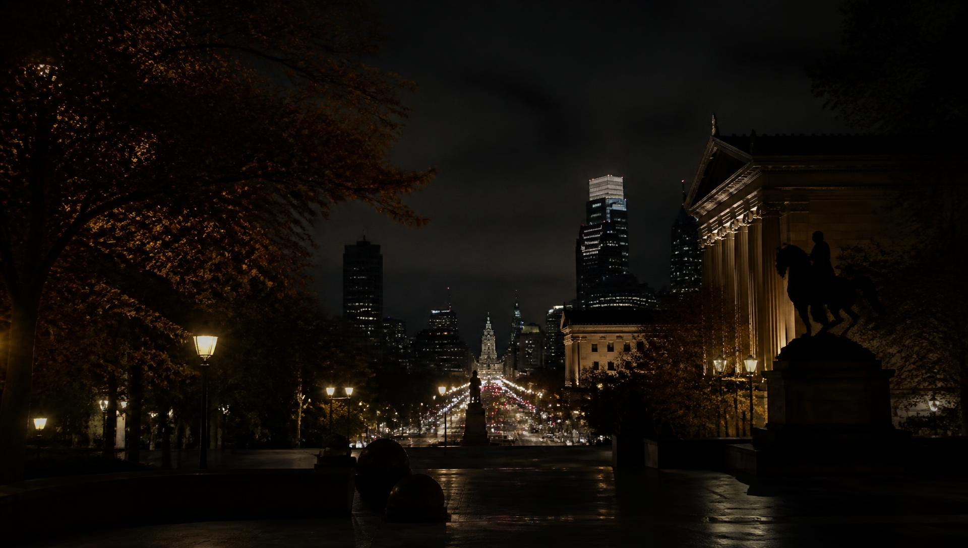 The Benjamin Franklin Parkway at night, looking toward Philadelphia's City Hall